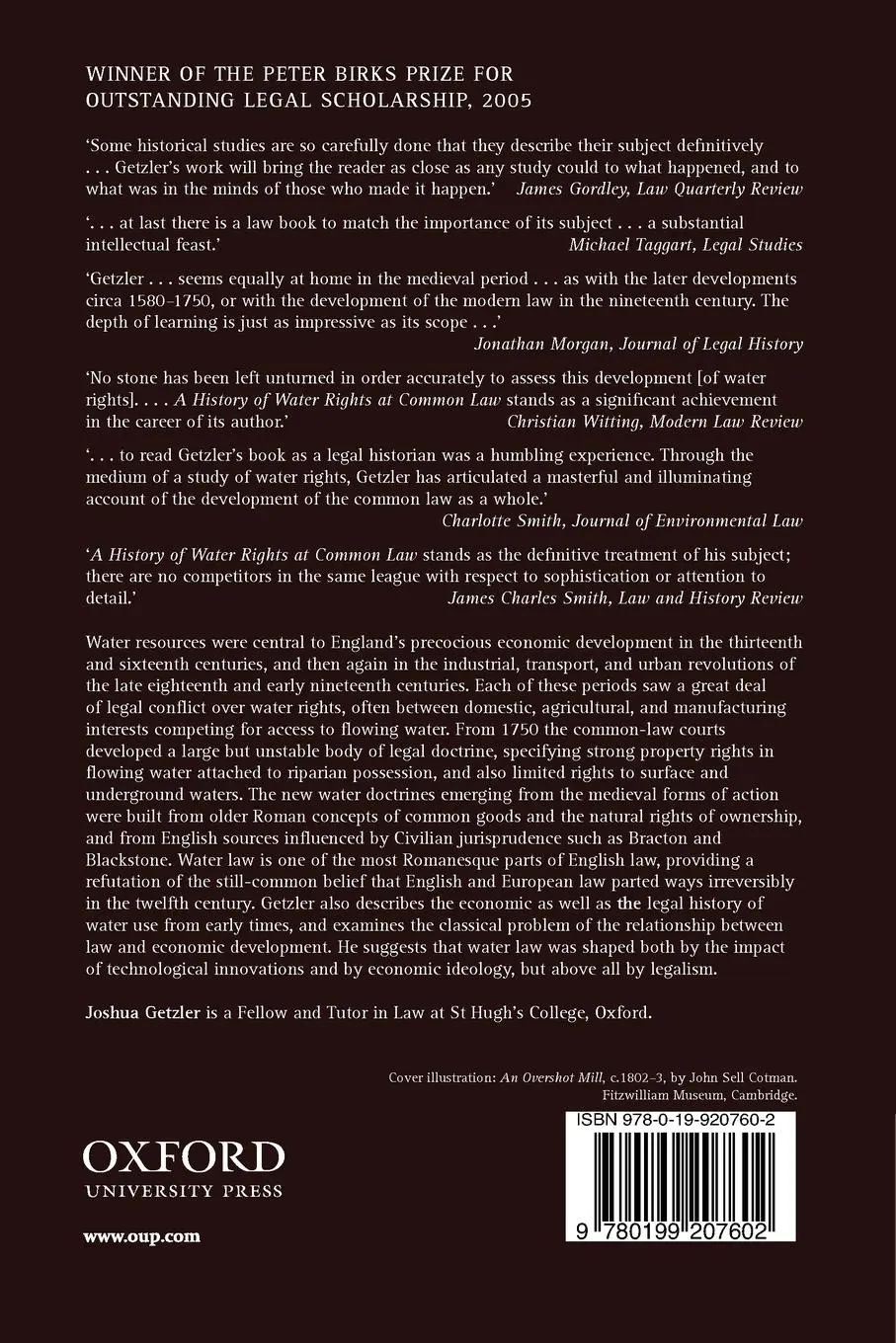 Rückseite: 9780199207602 | A History of Water Rights at Common Law | Joshua Getzler | Taschenbuch