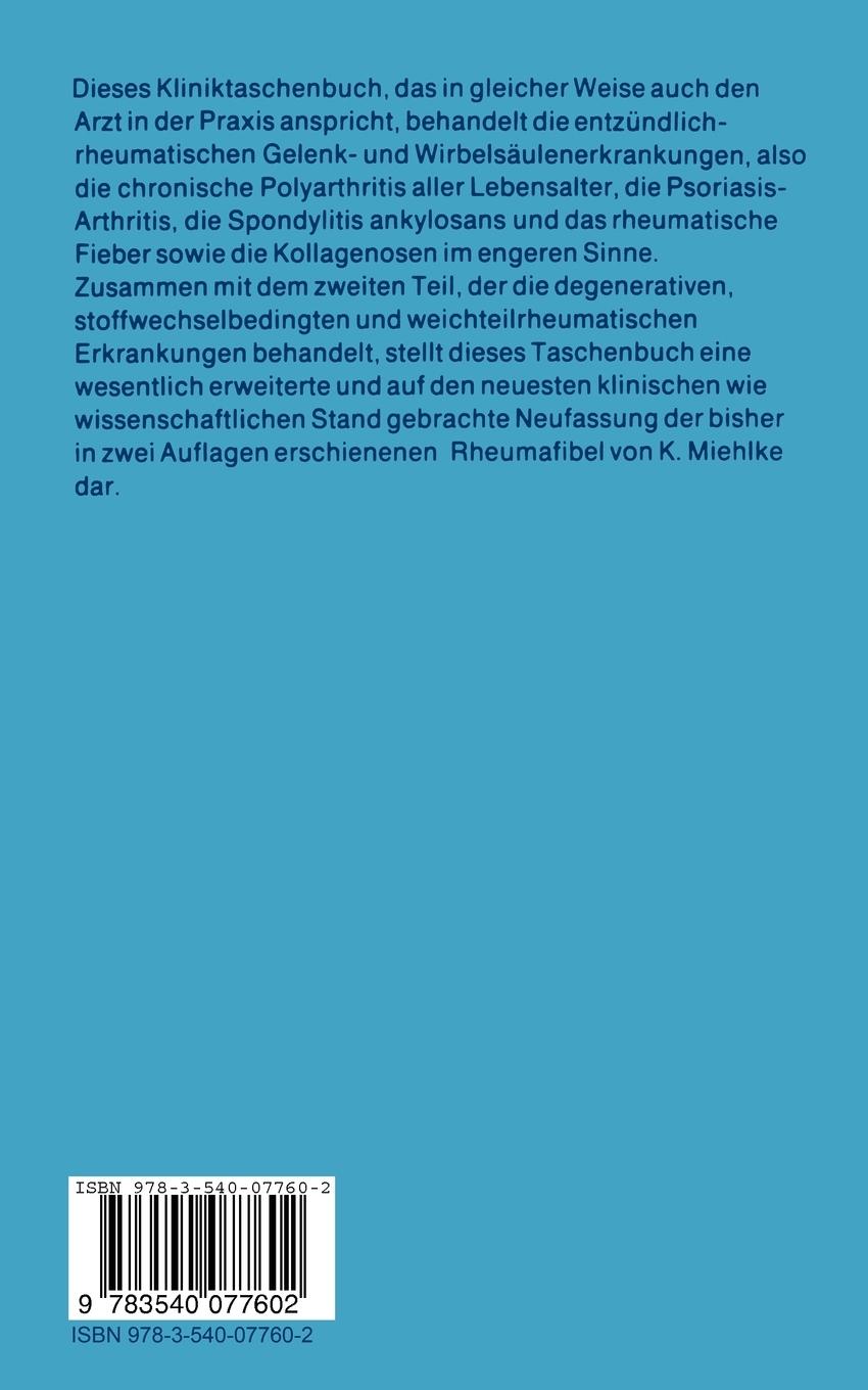 Rückseite: 9783540077602 | Entzündlicher Rheumatismus | Die Rheumafibel 1 | K. Miehlke (u. a.)