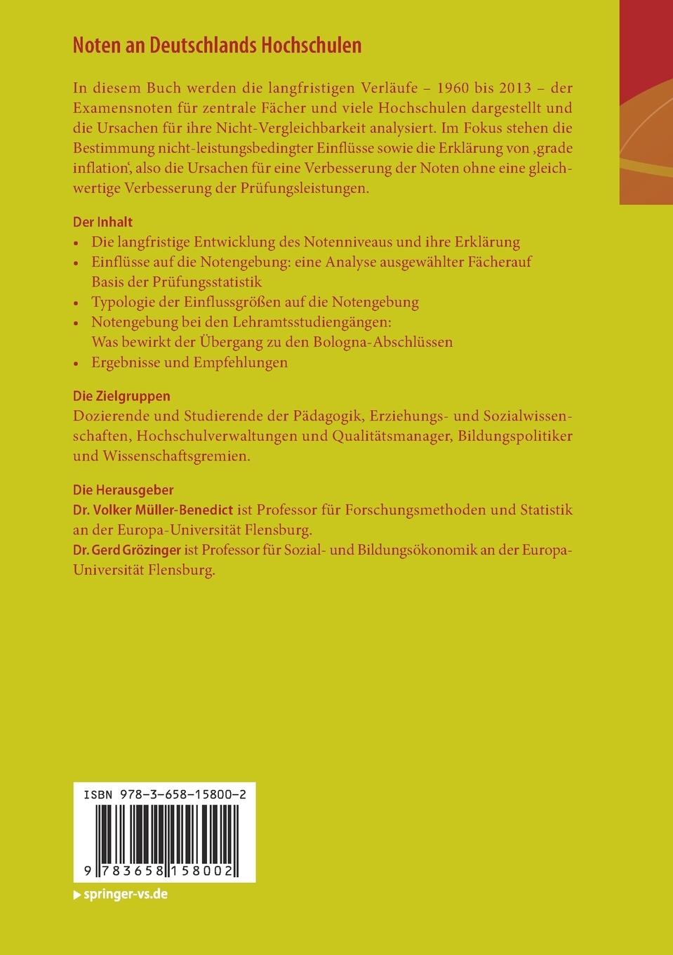 Rückseite: 9783658158002 | Noten an Deutschlands Hochschulen | Gerd Grözinger (u. a.) | Buch
