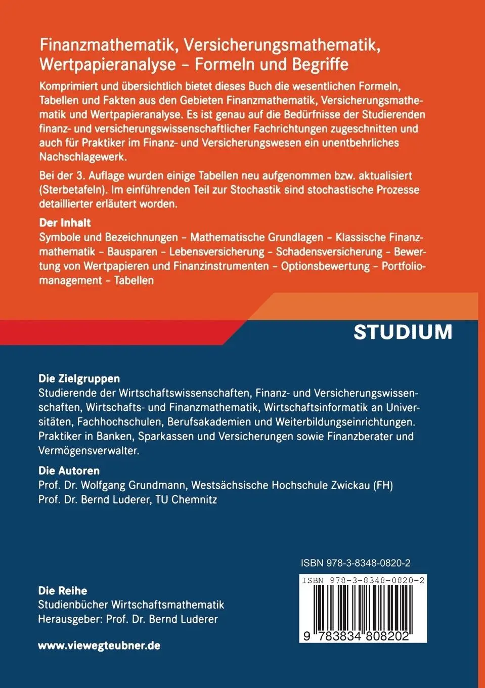 Rückseite: 9783834808202 | Finanzmathematik, Versicherungsmathematik, Wertpapieranalyse | Buch