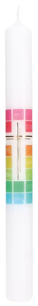 Symbolkerze mit Druckmotiv und aufgelegtem Wachsmotiv - Regenbogenfarben mit Kreuz in Gold