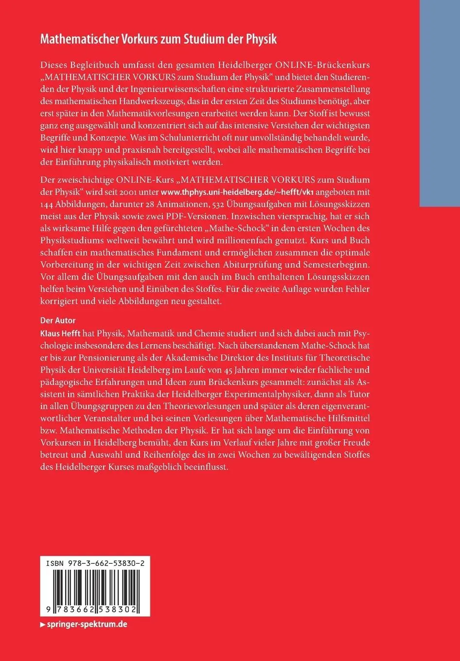 Rückseite: 9783662538302 | Mathematischer Vorkurs zum Studium der Physik | Klaus Hefft | Buch