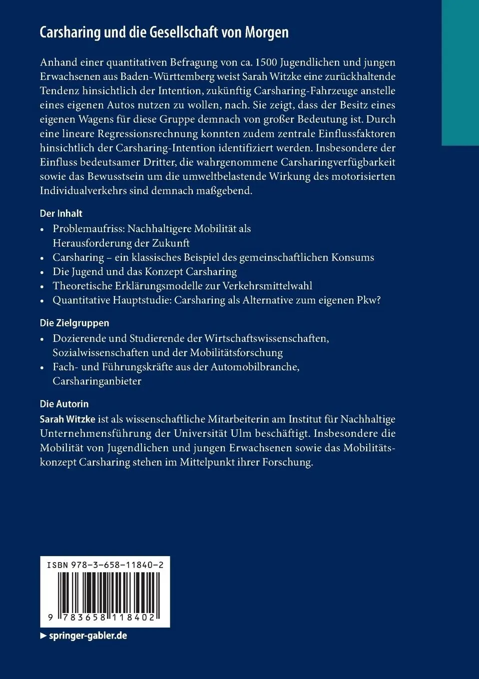 Rückseite: 9783658118402 | Carsharing und die Gesellschaft von Morgen | Sarah Witzke | Buch