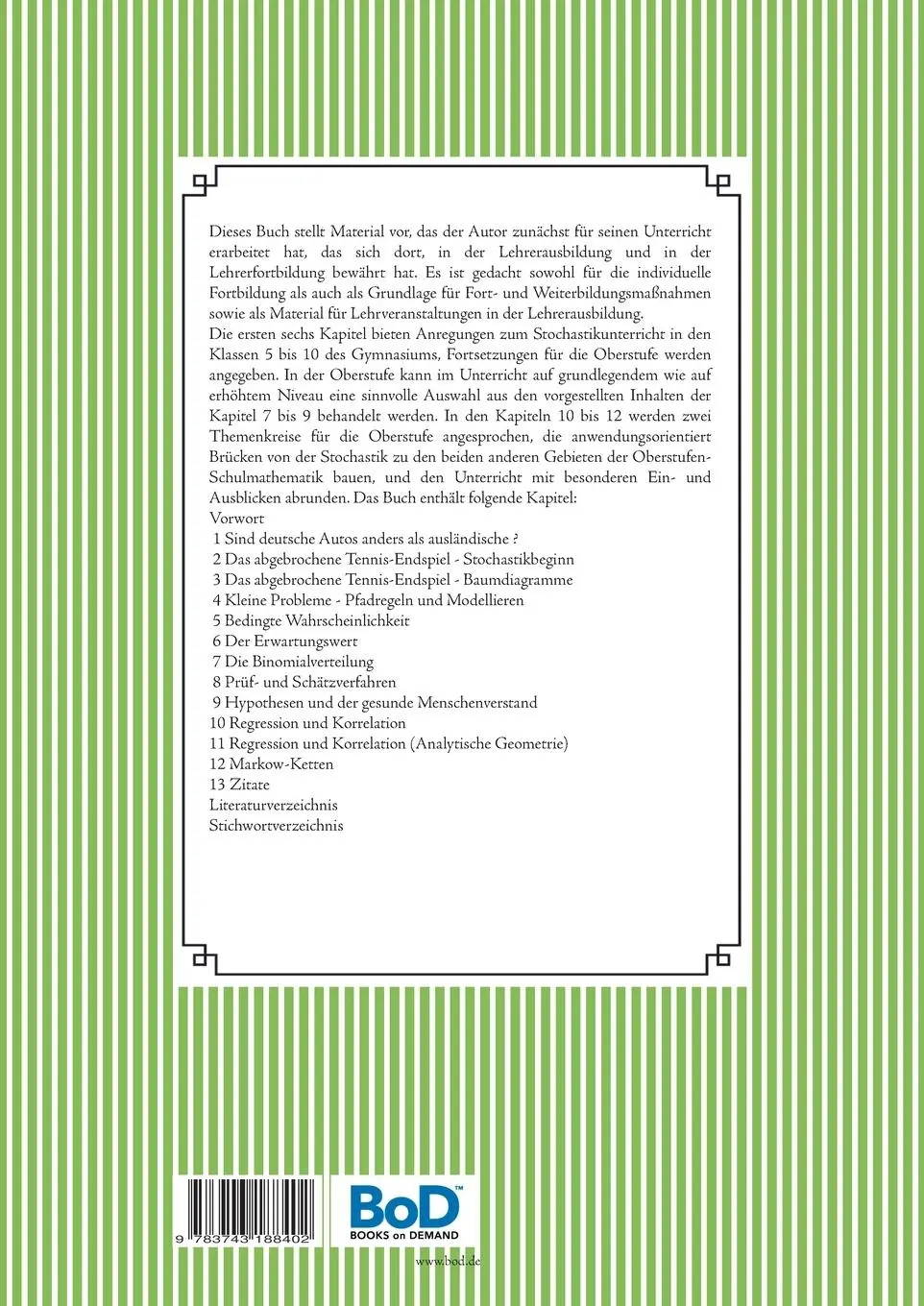 Rückseite: 9783743188402 | Stochastikunterricht | Unterrichtsbeispiele | Helmut Wirths | Buch
