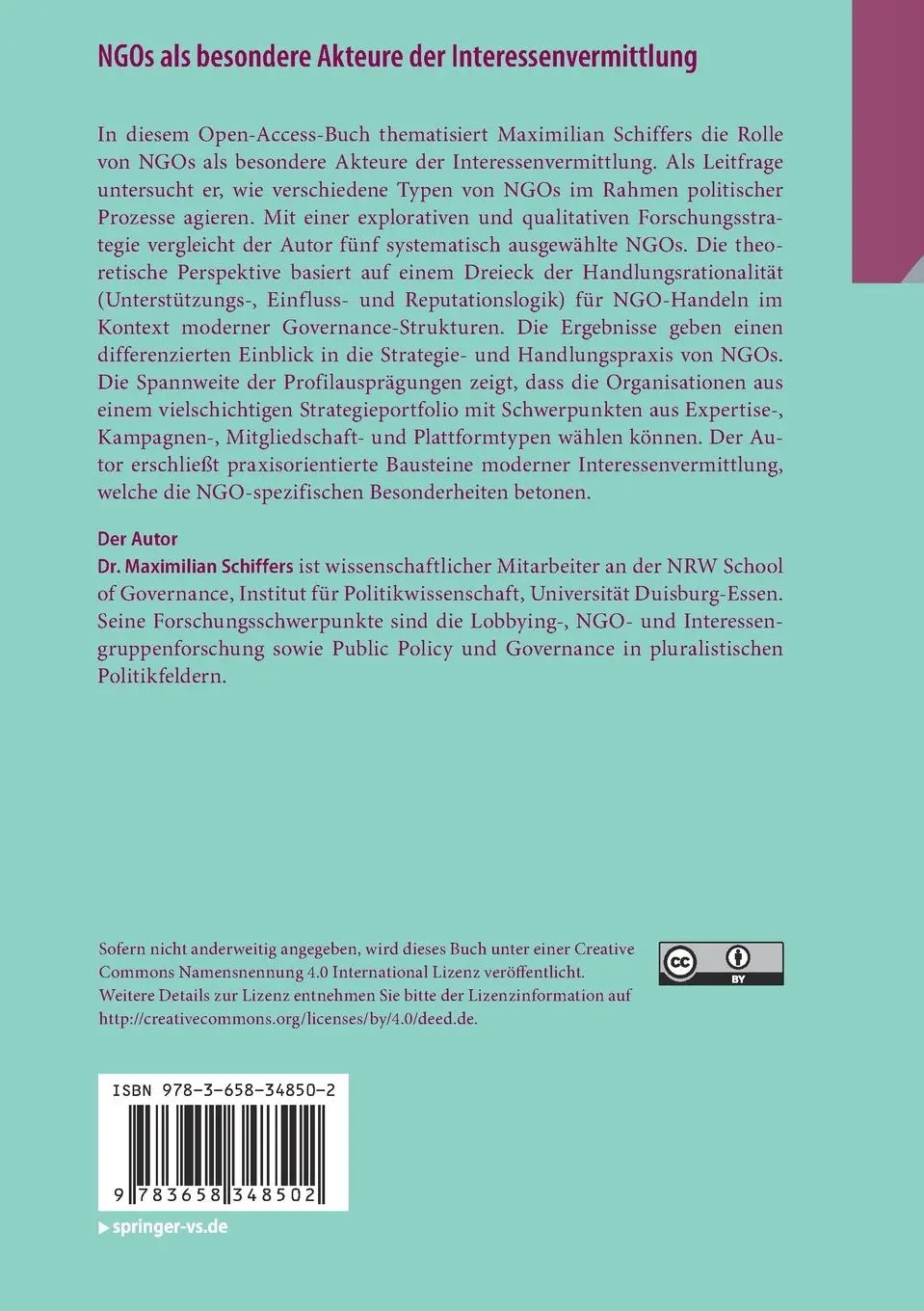 Rückseite: 9783658348502 | NGOs als besondere Akteure der Interessenvermittlung | Schiffers | xii