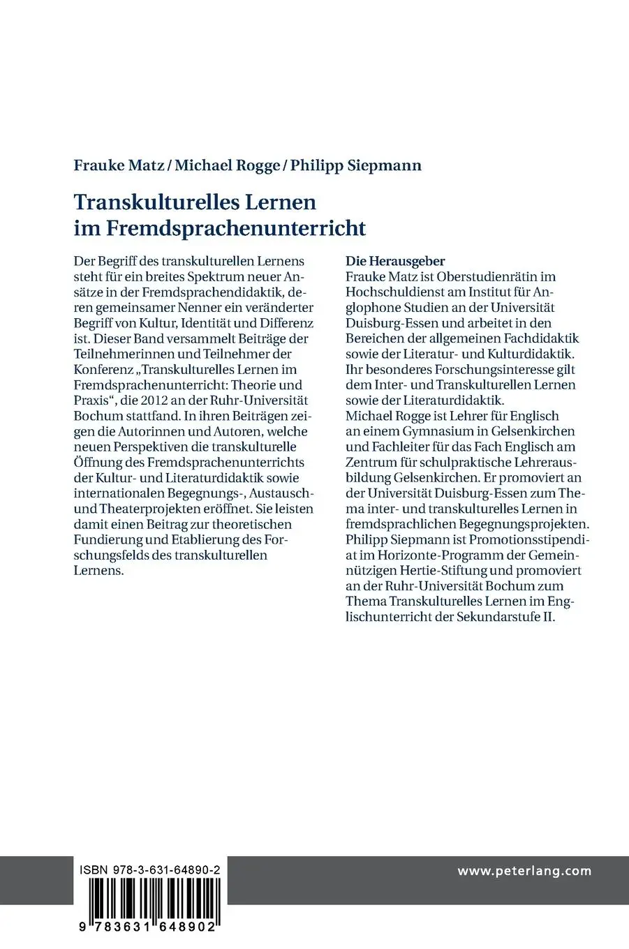 Rückseite: 9783631648902 | Transkulturelles Lernen im Fremdsprachenunterricht | Rogge (u. a.)