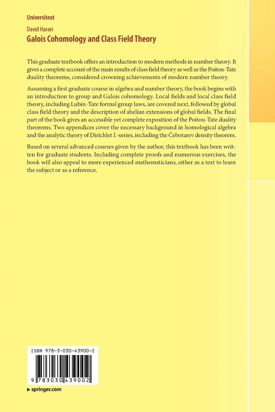 Rückseite: 9783030439002 | Galois Cohomology and Class Field Theory | David Harari | Taschenbuch Rückseite: 9783030439002 | Galois Cohomology and Class Field Theory | David Harari | Taschenbuch