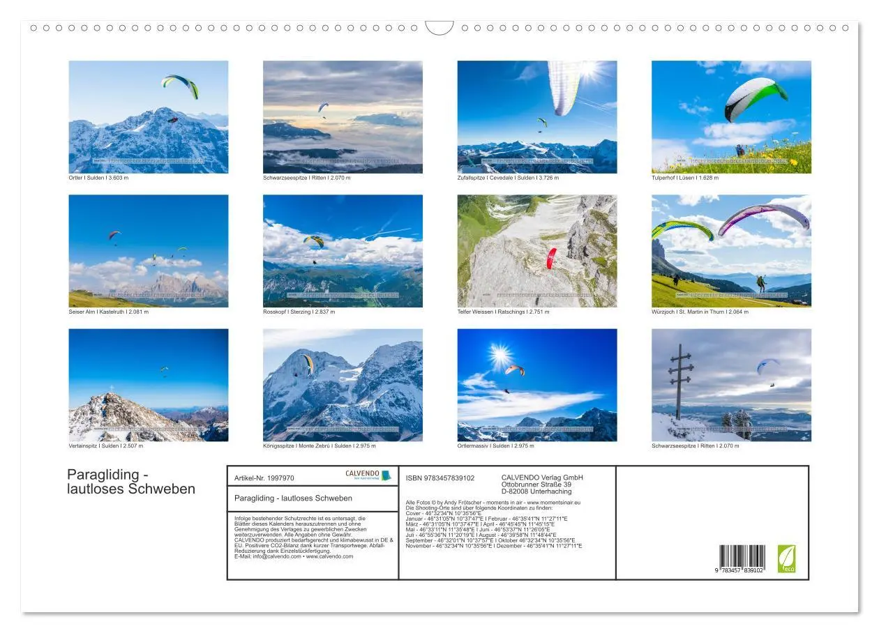 Bild: 9783457839102 | Paragliding - lautloses Schweben (Wandkalender 2026 DIN A2 quer),...