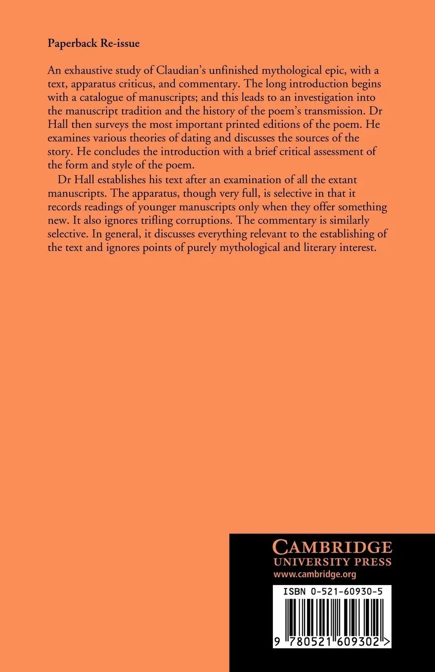 Rückseite: 9780521609302 | Claudian | de Raptu Proserpinae | J. B. Hall (u. a.) | Taschenbuch