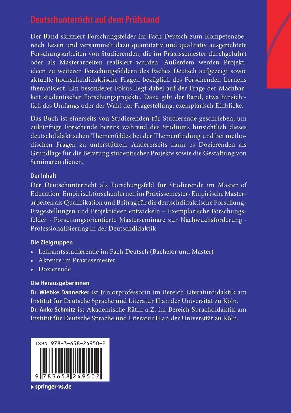 Rückseite: 9783658249502 | Deutschunterricht auf dem Prüfstand | Anke Schmitz (u. a.) | Buch | ix