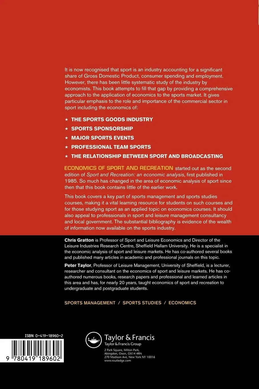 Rückseite: 9780419189602 | The Economics of Sport and Recreation | An Economic Analysis | Buch