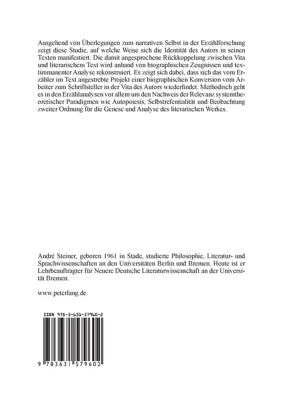 Rückseite: 9783631579602 | Das narrative Selbst - Studien zum Erzählwerk Wolfgang Hilbigs | Buch