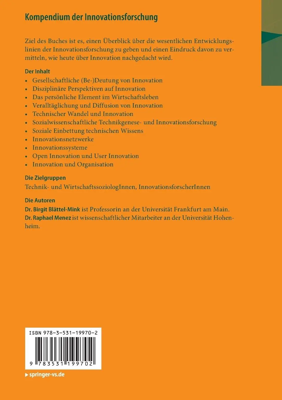Rückseite: 9783531199702 | Kompendium der Innovationsforschung | Raphael Menez (u. a.) | Buch