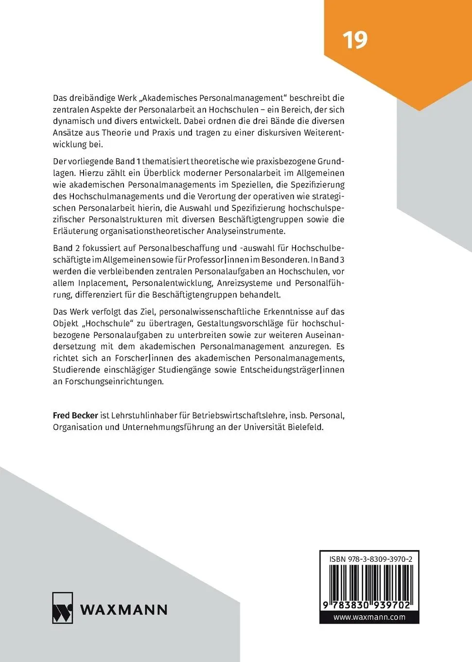 Rückseite: 9783830939702 | Akademisches Personalmanagement | Fred G. Becker | Taschenbuch | 2022