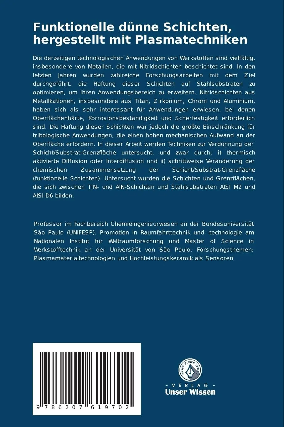 Rückseite: 9786207619702 | Funktionelle dünne Schichten, hergestellt mit Plasmatechniken | Vieira