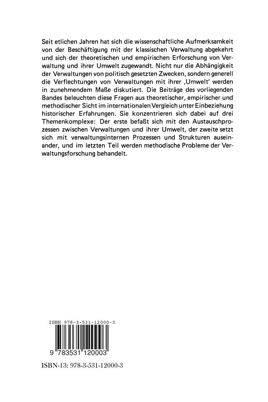 Rückseite: 9783531120003 | Verwaltung und ihre Umwelt | Festschrift für Thomas Ellwein | Buch