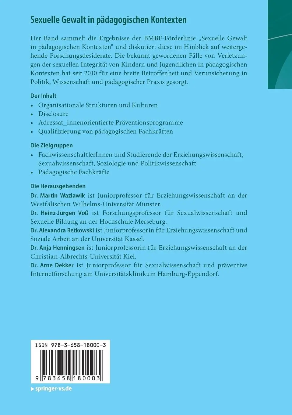 Rückseite: 9783658180003 | Sexuelle Gewalt in pädagogischen Kontexten | Martin Wazlawik (u. a.)
