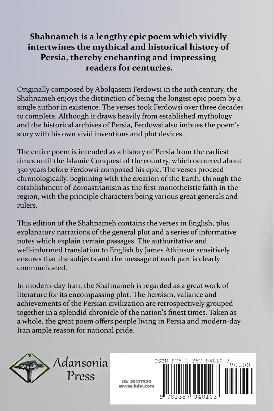 Rückseite: 9781387940103 | Shahnameh | The Epic of the Persian Kings | Abolqasem Ferdowsi (u. a.)