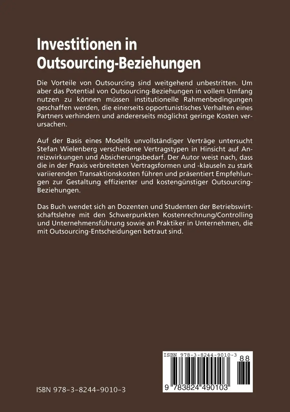 Rückseite: 9783824490103 | Investitionen in Outsourcing-Beziehungen | Stefan Wielenberg | Buch