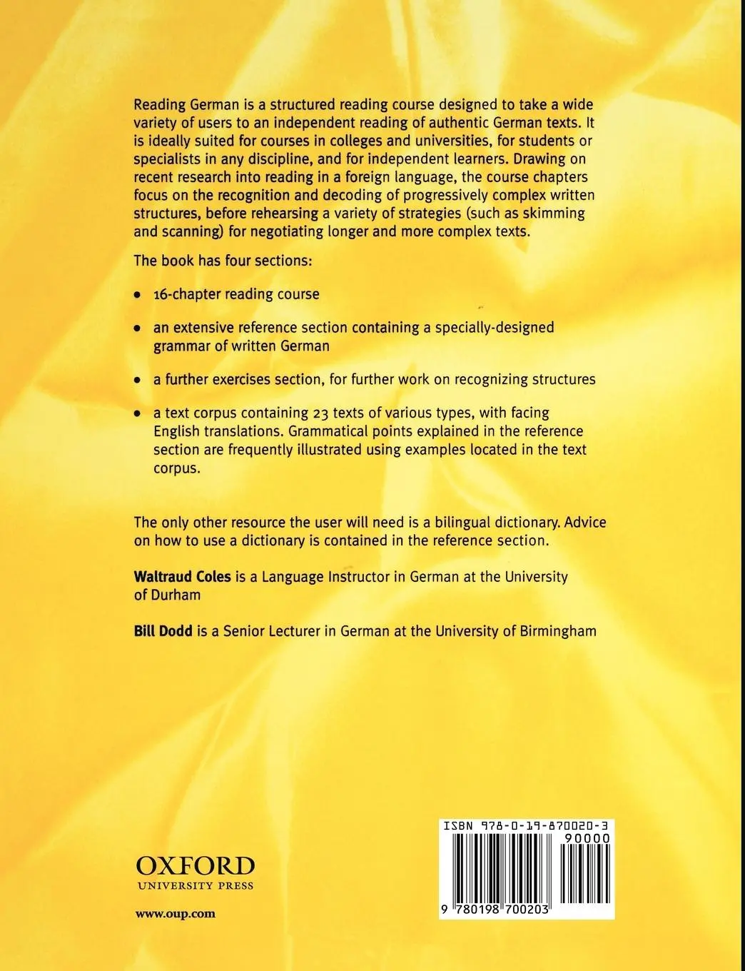 Rückseite: 9780198700203 | Reading German | A Course Book and Reference Grammar | Coles (u. a.)