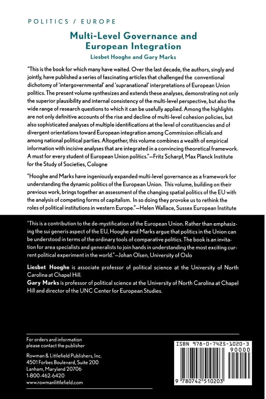 Rückseite: 9780742510203 | Multi-Level Governance and European Integration | Hooghe (u. a.)