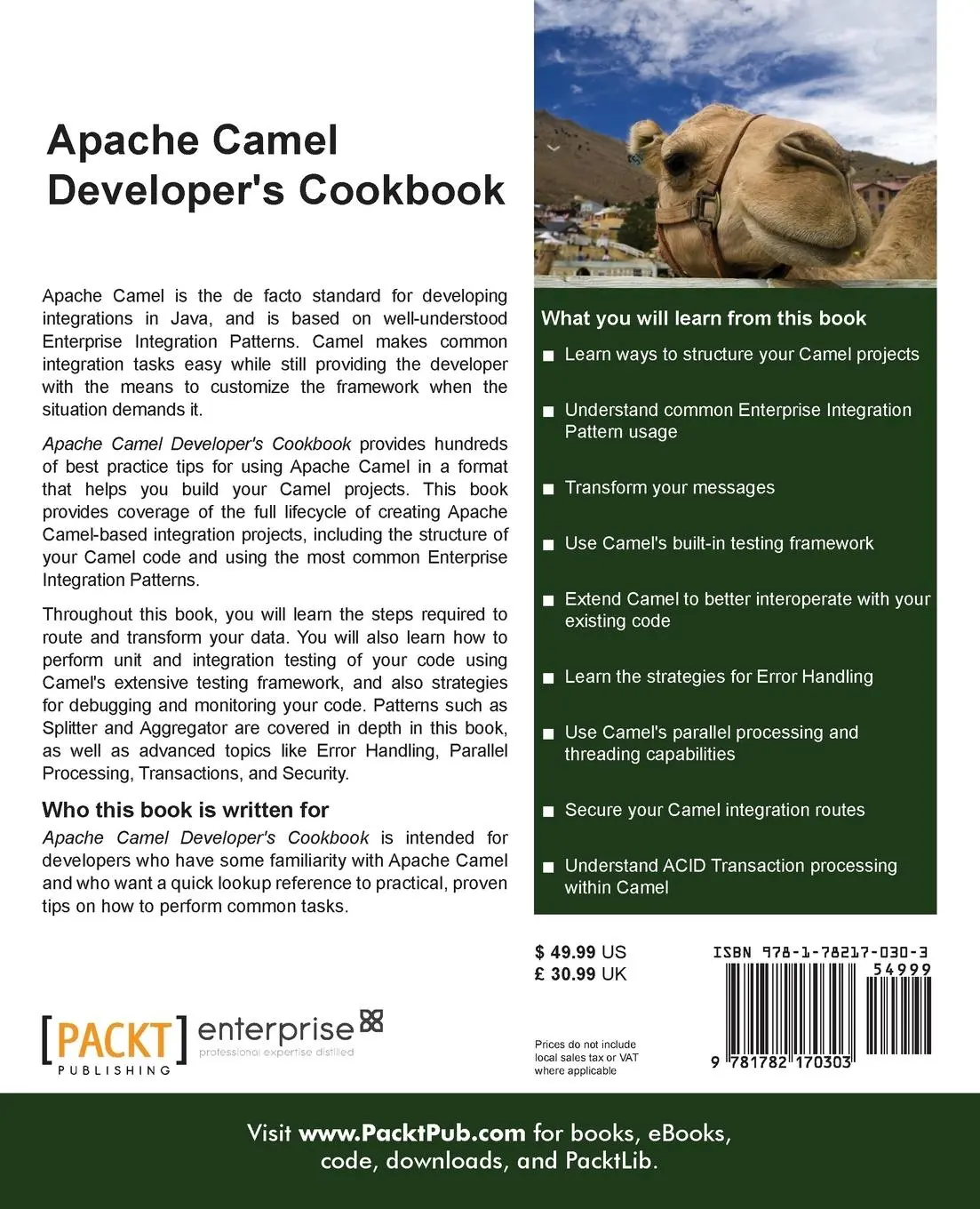 Rückseite: 9781782170303 | Camel Enterprise Integration Cookbook | Scott Cranton (u. a.) | Buch