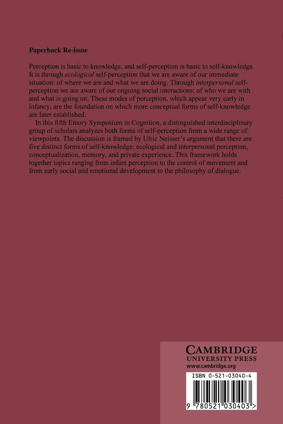 Rückseite: 9780521030403 | The Perceived Self | Ulric Neisser (u. a.) | Taschenbuch | Englisch