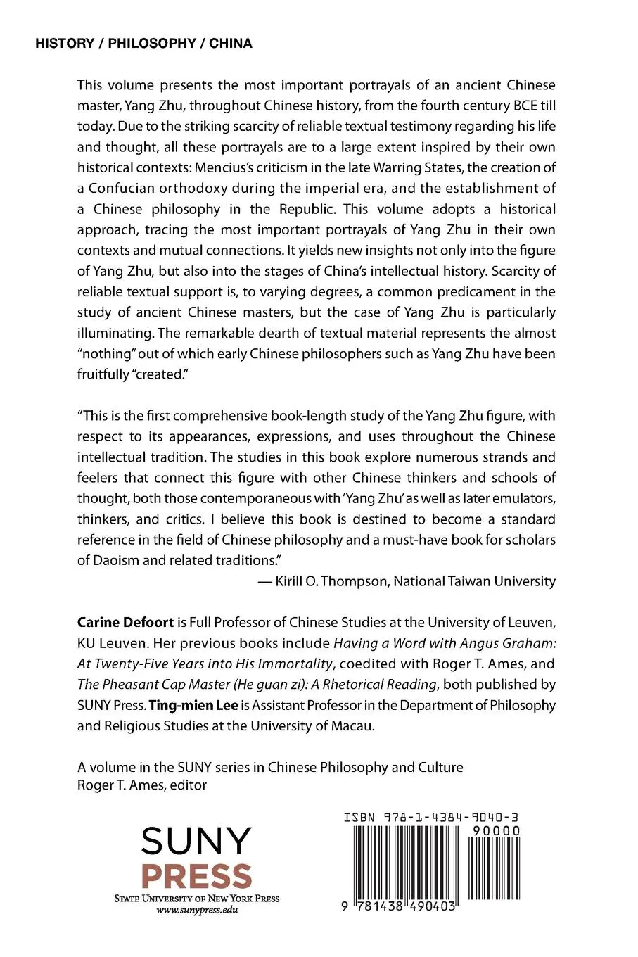 Rückseite: 9781438490403 | The Many Lives of Yang Zhu | A Historical Overview | Defoort (u. a.)