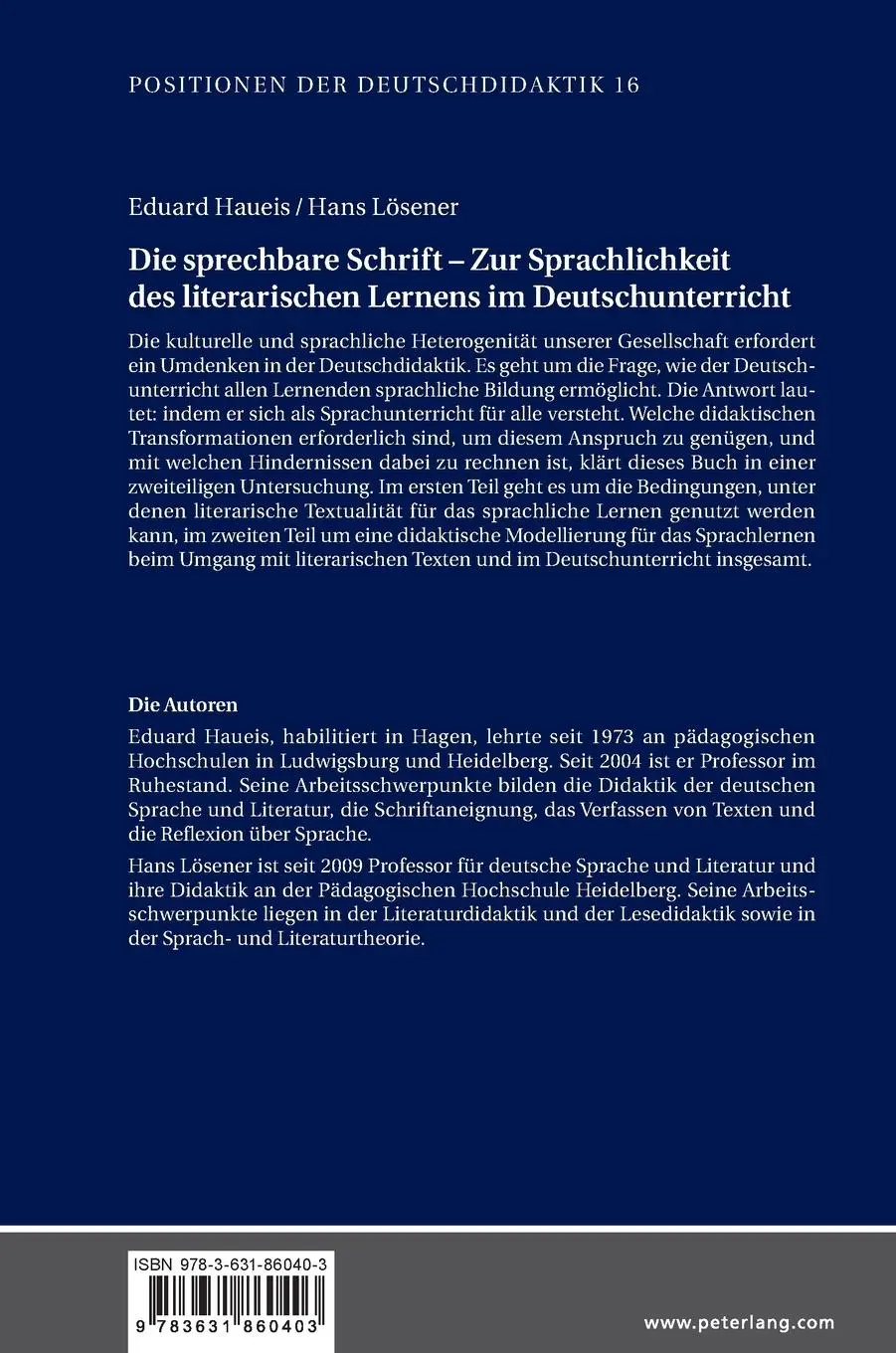 Rückseite: 9783631860403 | Die sprechbare Schrift ¿ Zur Sprachlichkeit des literarischen...