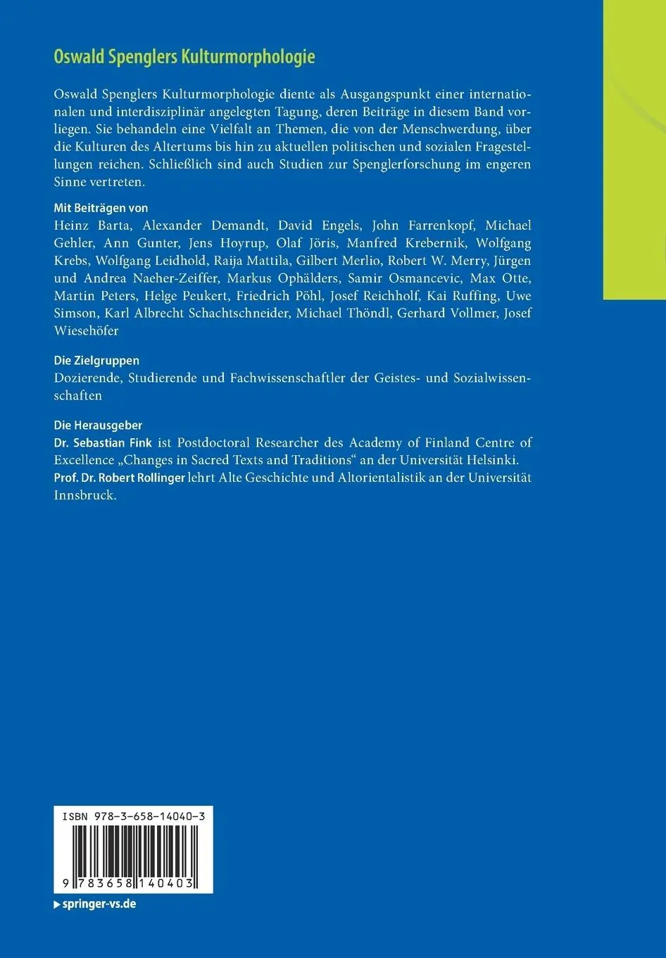 Rückseite: 9783658140403 | Oswald Spenglers Kulturmorphologie | Robert Rollinger (u. a.) | Buch