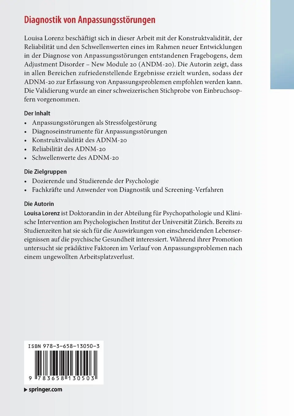 Rückseite: 9783658130503 | Diagnostik von Anpassungsstörungen | Louisa Lorenz | Taschenbuch | xi