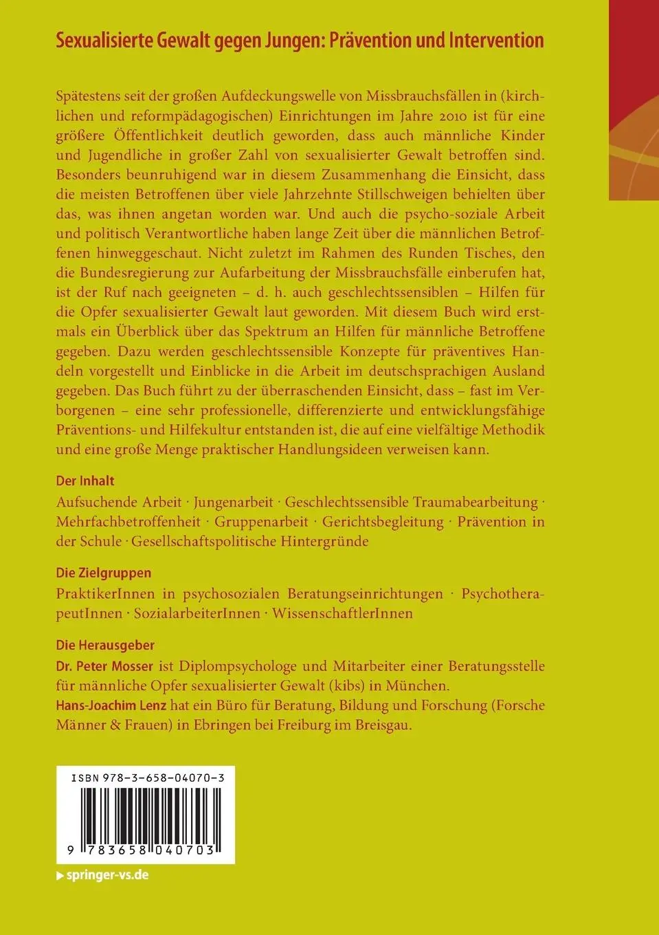 Rückseite: 9783658040703 | Sexualisierte Gewalt gegen Jungen: Prävention und Intervention | Buch