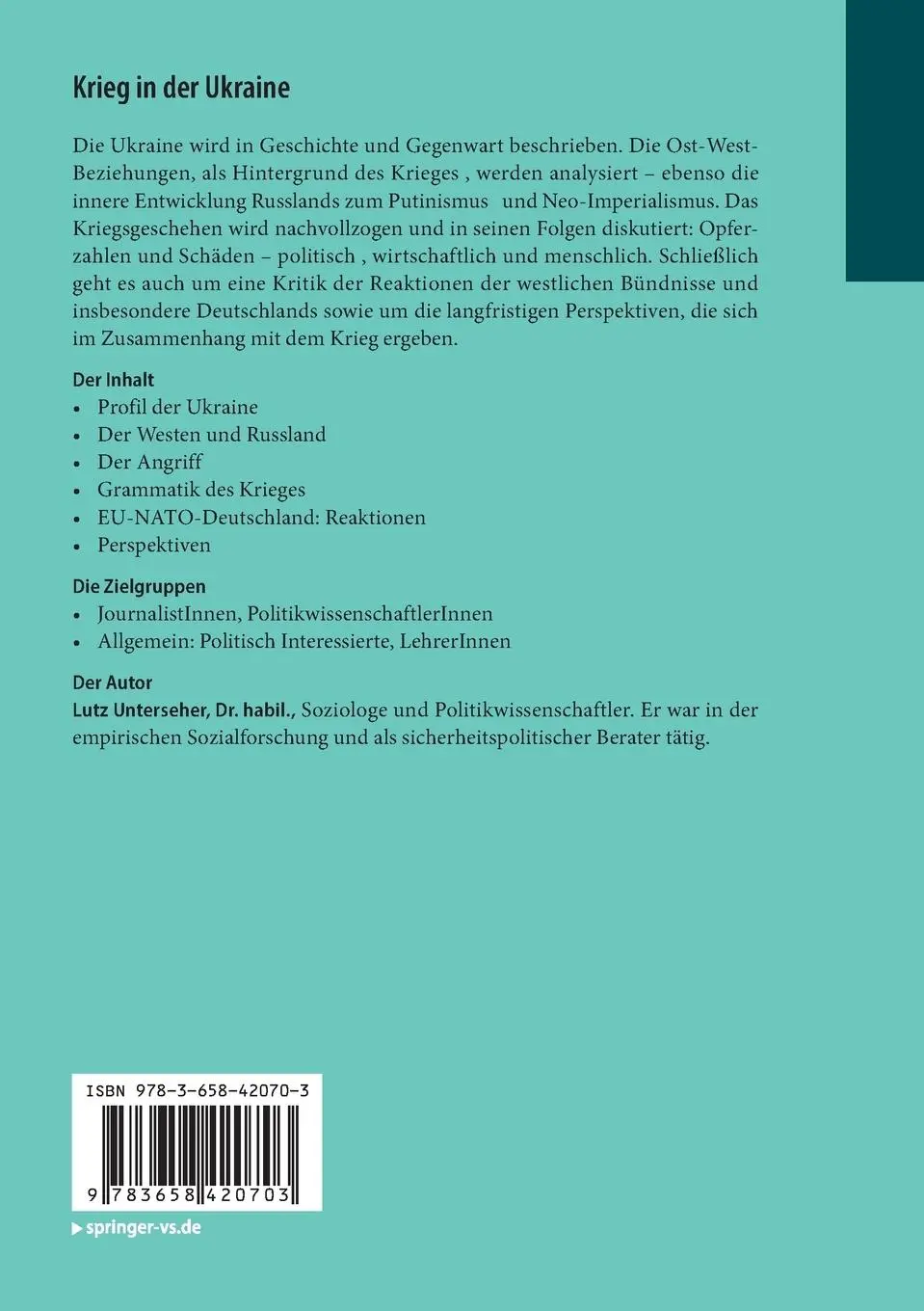 Rückseite: 9783658420703 | Krieg in der Ukraine | Hintergründe und Abgründe | Lutz Unterseher
