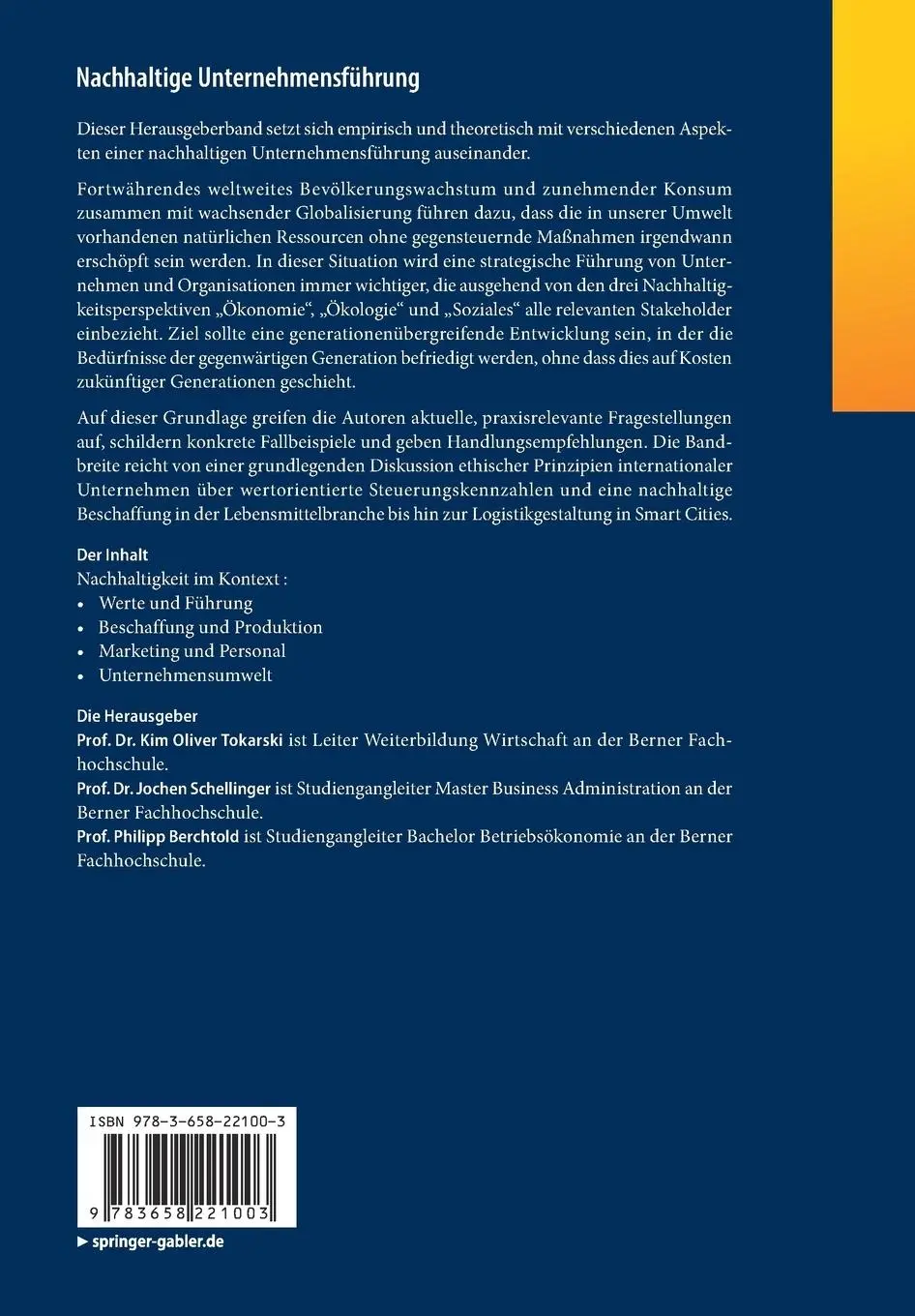 Rückseite: 9783658221003 | Nachhaltige Unternehmensführung | Kim Oliver Tokarski (u. a.) | Buch