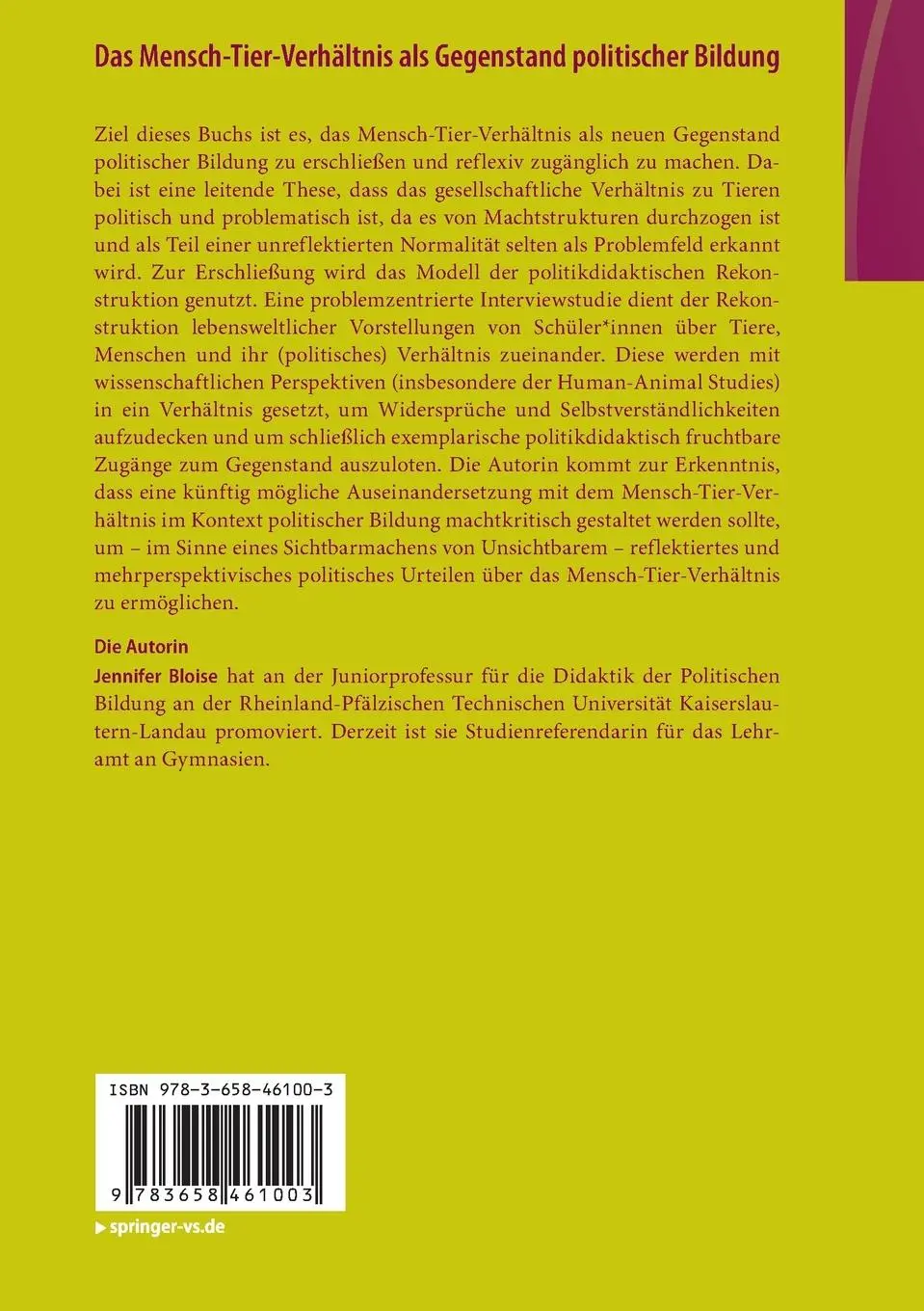 Rückseite: 9783658461003 | Das Mensch-Tier-Verhältnis als Gegenstand politischer Bildung | Bloise
