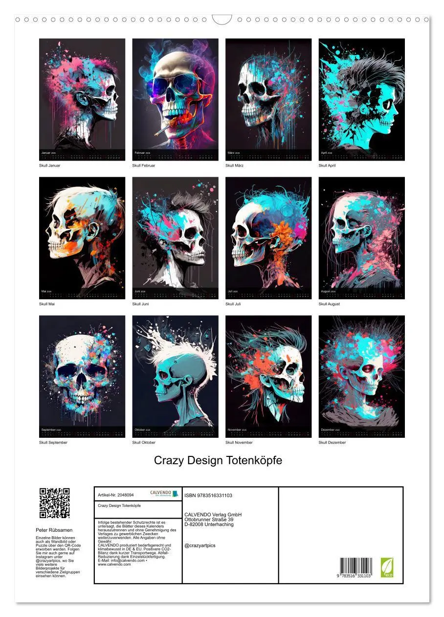 Bild: 9783516331103 | Crazy Design Totenköpfe (Wandkalender 2026 DIN A2 hoch), CALVENDO...