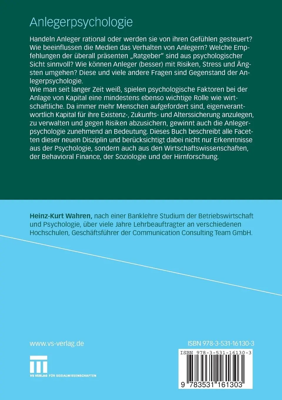 Rückseite: 9783531161303 | Anlegerpsychologie | Heinz-Kurt Wahren | Taschenbuch | vi | Deutsch