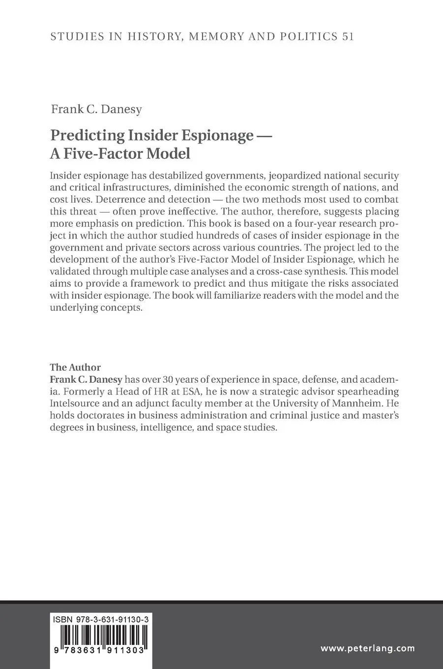 Rückseite: 9783631911303 | Predicting Insider Espionage - A Five-Factor Model | Frank Danesy