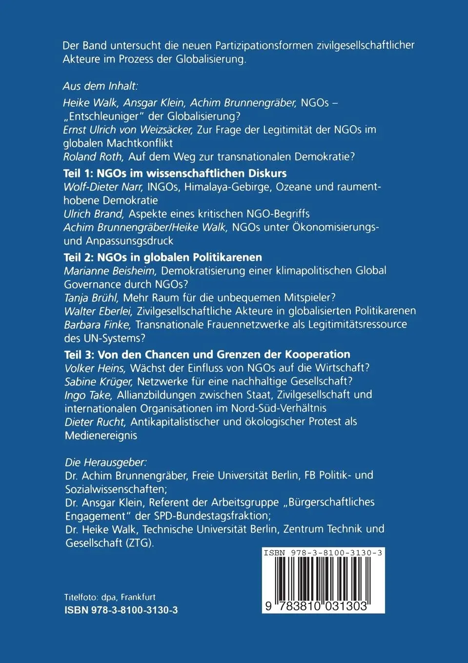 Rückseite: 9783810031303 | NGOs als Legitimationsressource | Achim Brunnengräber (u. a.) | Buch