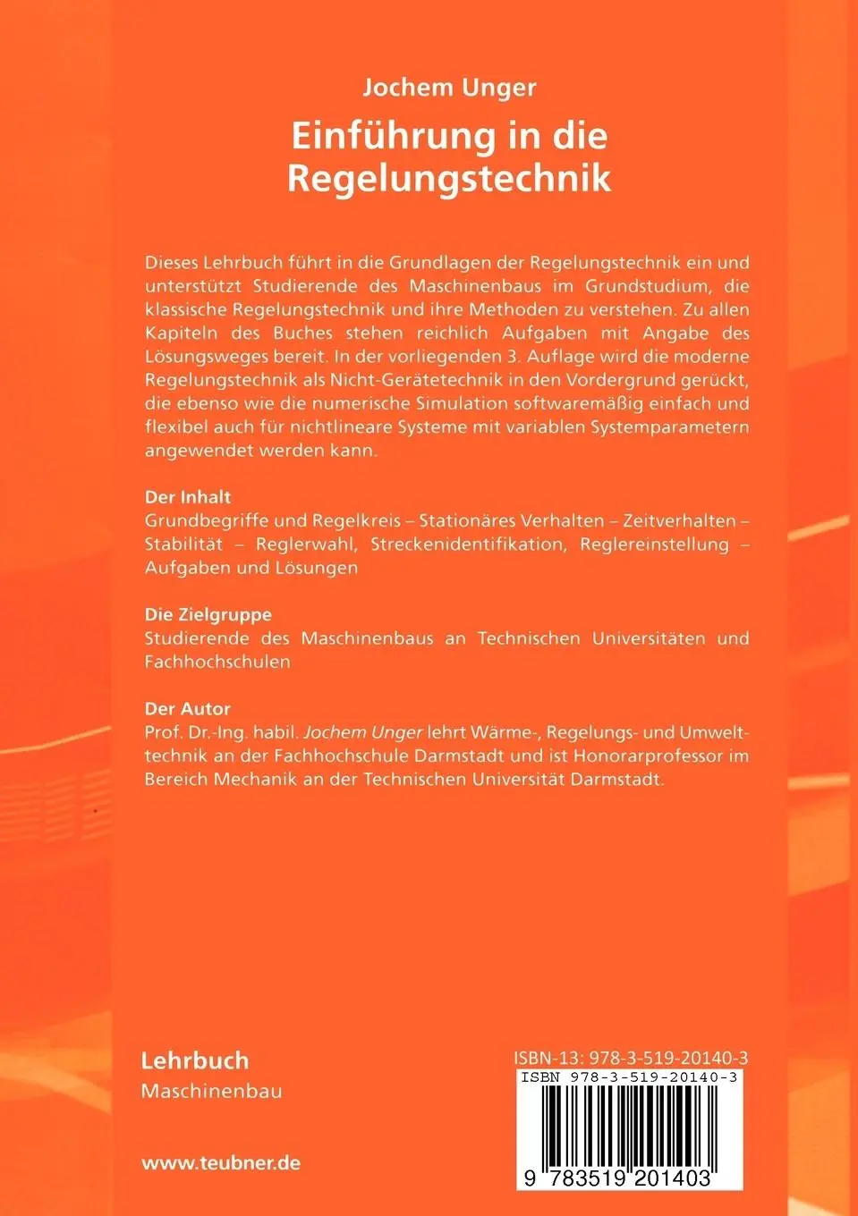 Rückseite: 9783519201403 | Einführung in die Regelungstechnik | Jochem Unger | Taschenbuch | x