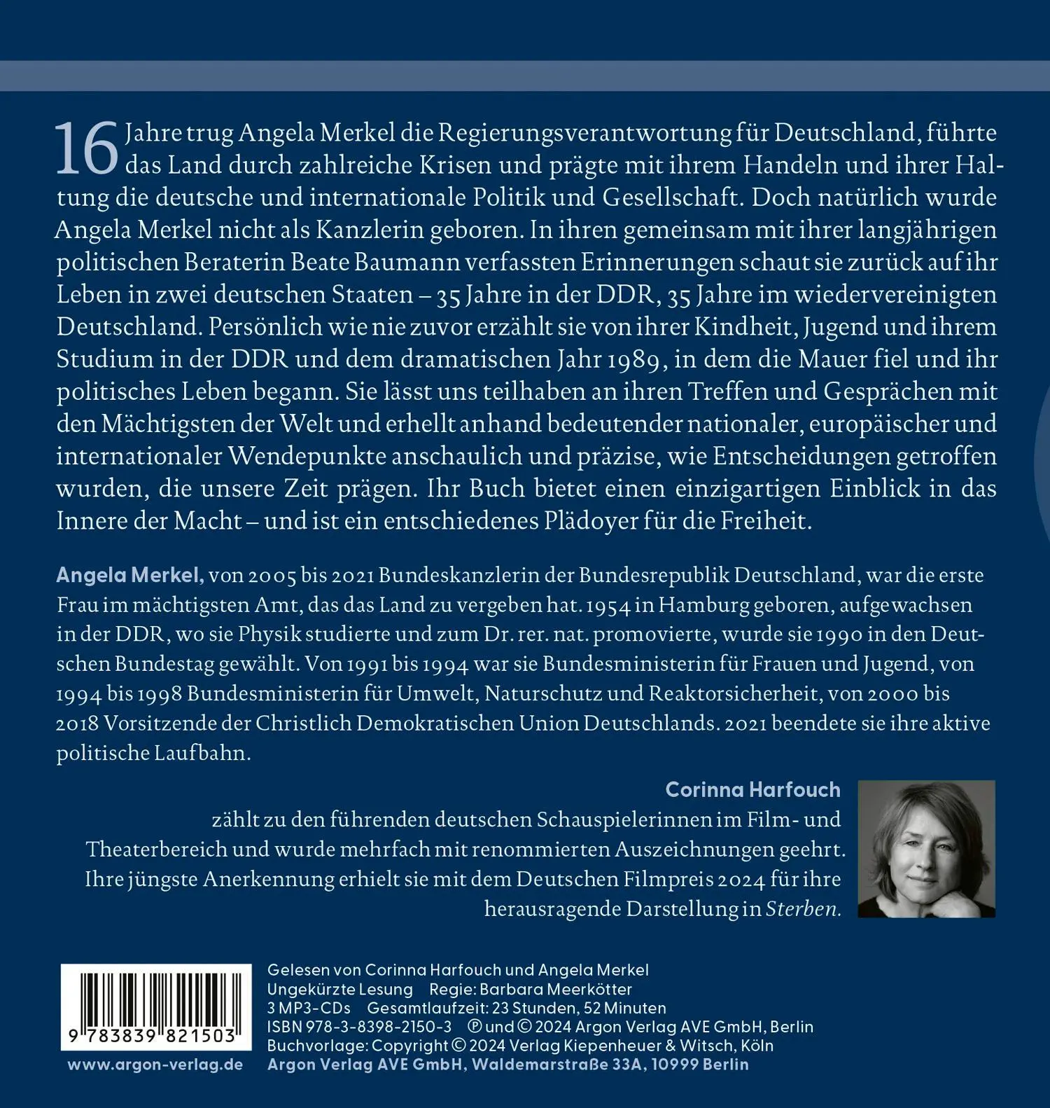 Rückseite: 9783839821503 | Freiheit | Erinnerungen 1954-2021 | Angela Merkel (u. a.) | MP3 | 2024