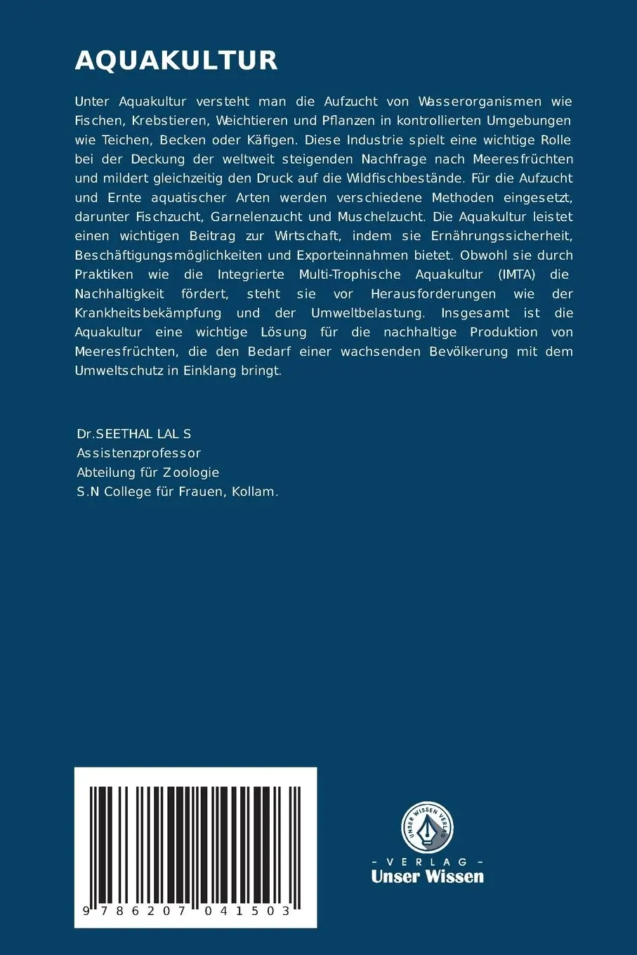 Rückseite: 9786207041503 | AQUAKULTUR | Seethal Lal S | Taschenbuch | Paperback | 88 S. | Deutsch