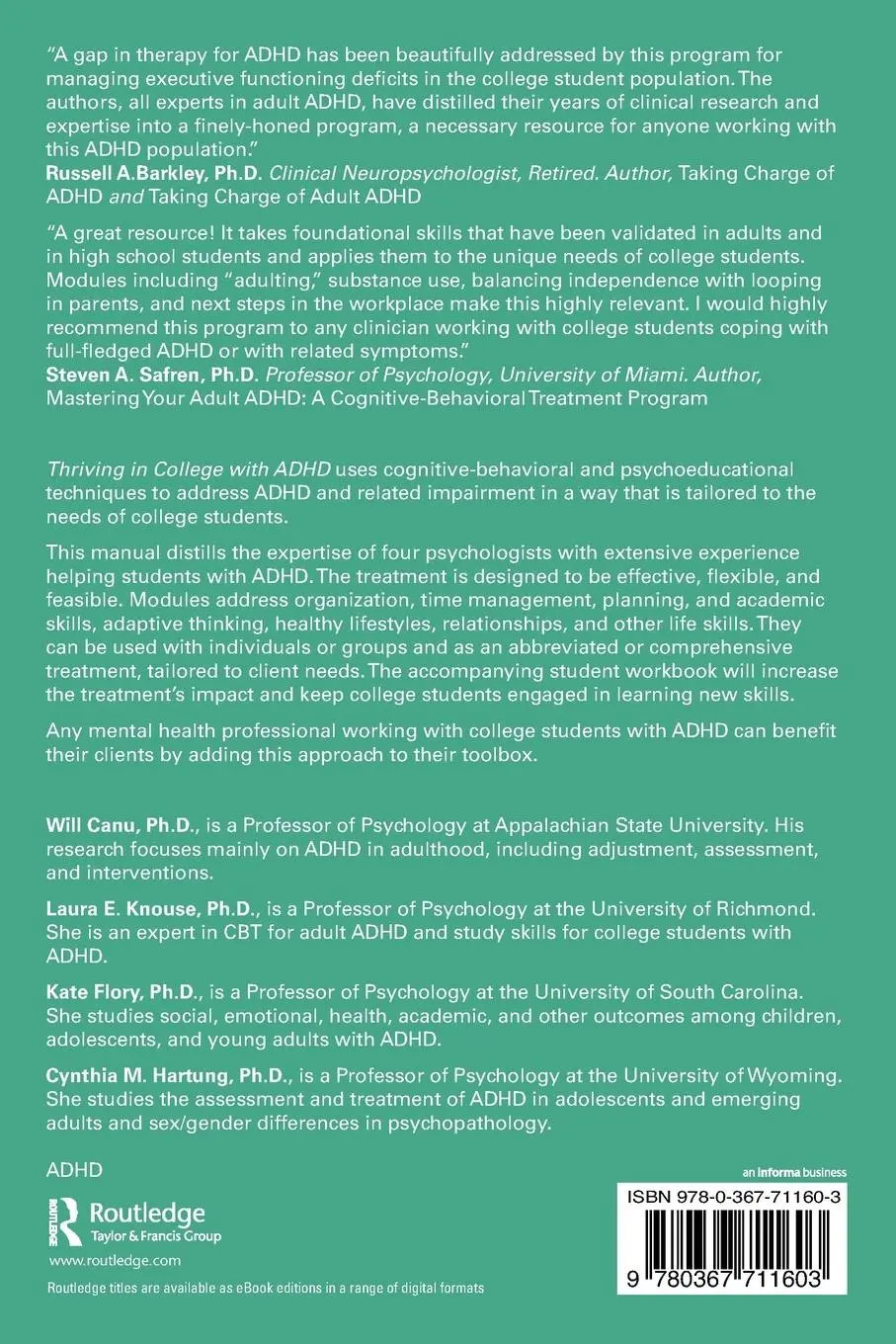 Rückseite: 9780367711603 | Thriving in College with ADHD | Will Canu (u. a.) | Taschenbuch | 2023