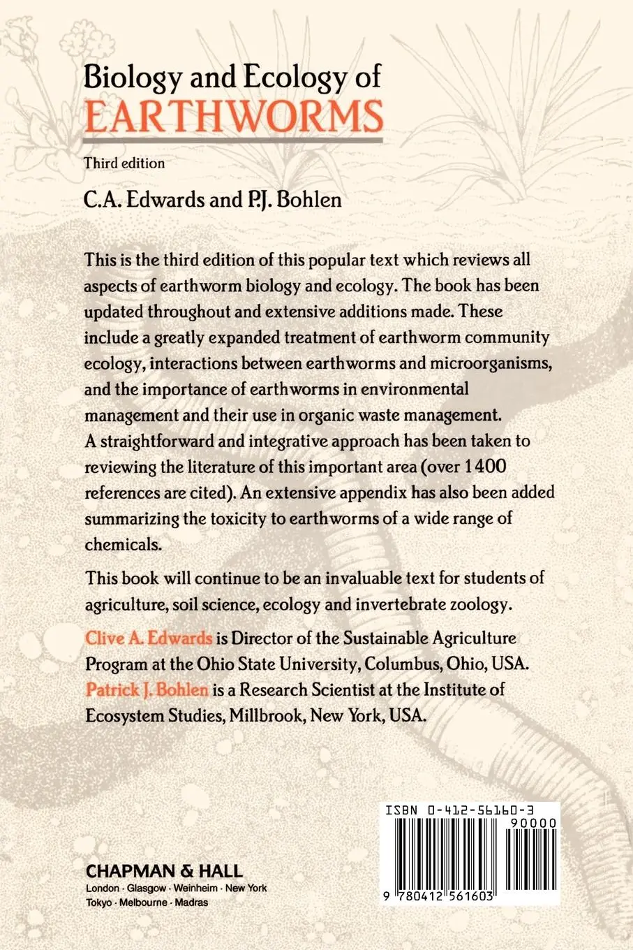 Rückseite: 9780412561603 | Biology and Ecology of Earthworms | P. J. Bohlen (u. a.) | Taschenbuch