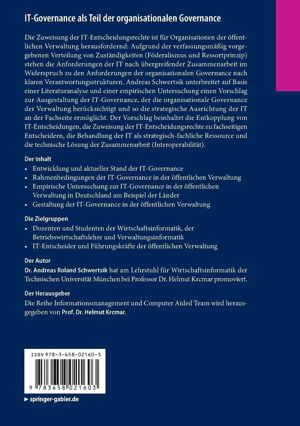 Rückseite: 9783658021603 | IT-Governance als Teil der organisationalen Governance | Schwertsik