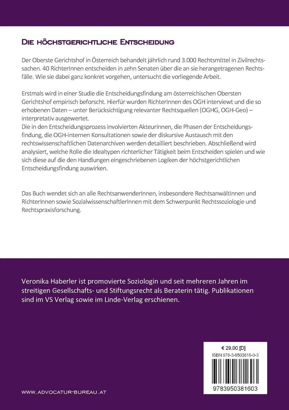 Rückseite: 9783950381603 | Die höchstgerichtliche Entscheidung | Veronika Haberler | Taschenbuch