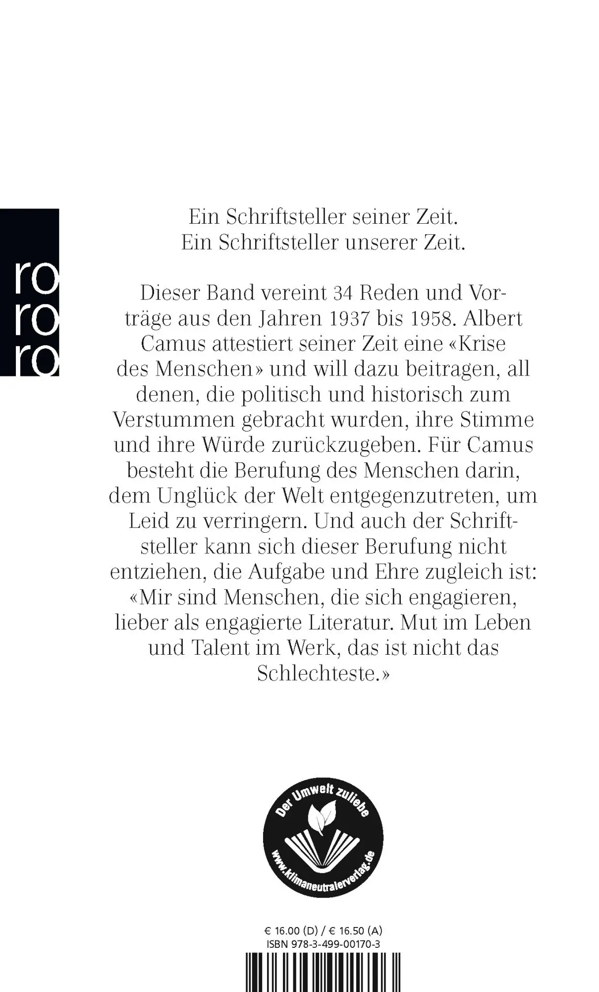 Rückseite: 9783499001703 | Vorträge und Reden | 1937 - 1958 | Albert Camus | Taschenbuch | 412 S.