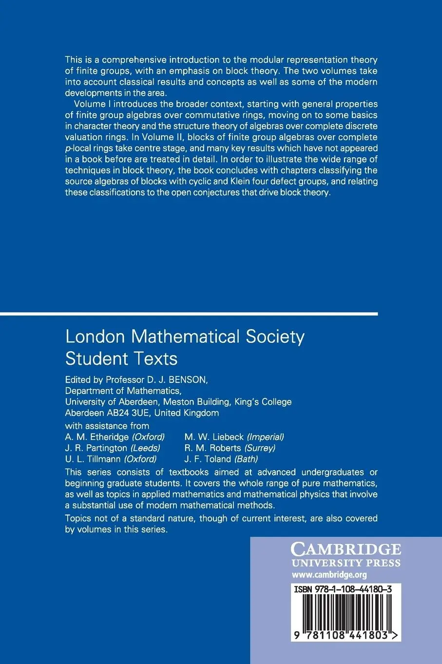 Rückseite: 9781108441803 | The Block Theory of Finite Group Algebras | Markus Linckelmann | Buch