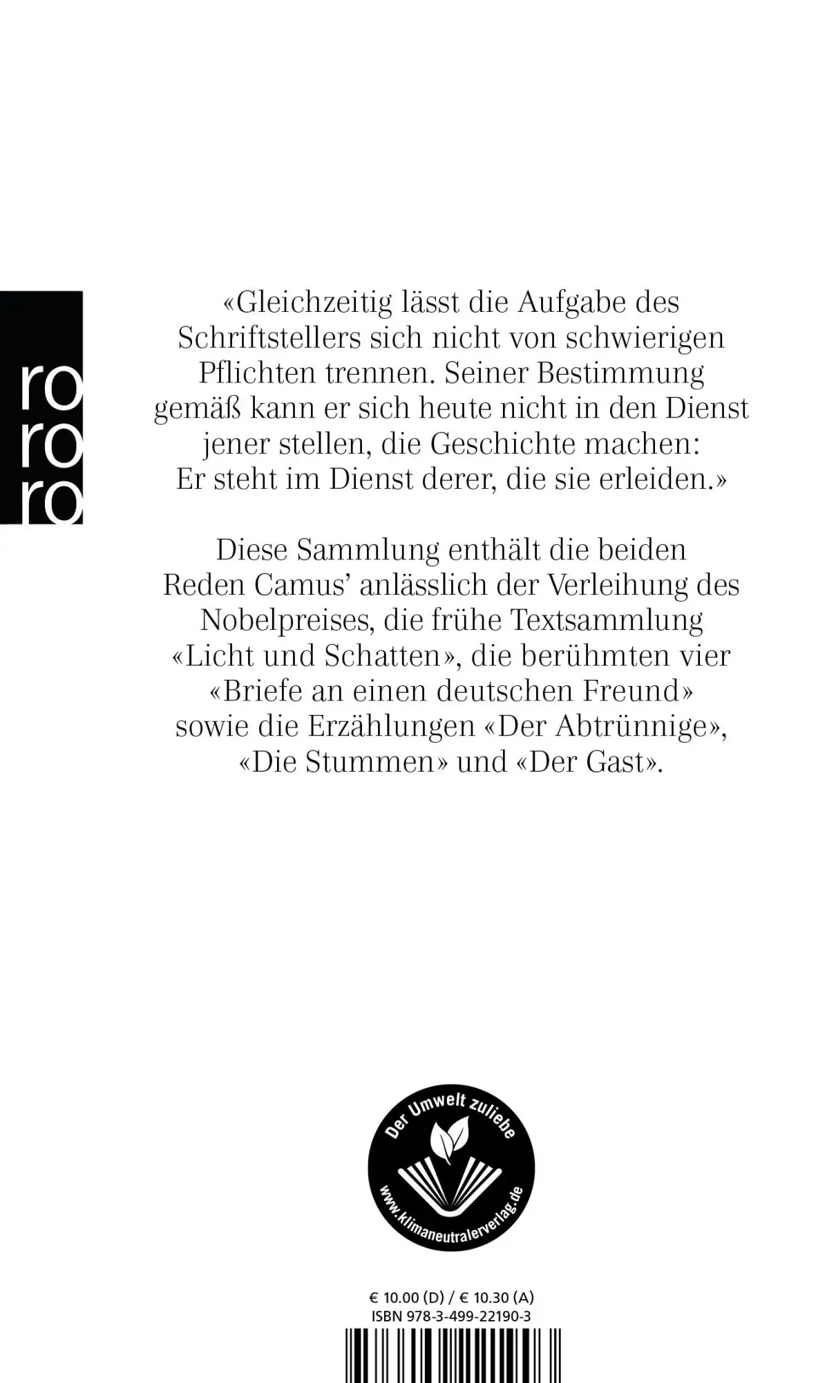 Rückseite: 9783499221903 | Kleine Prosa | Albert Camus | Taschenbuch | 190 S. | Deutsch | 1997