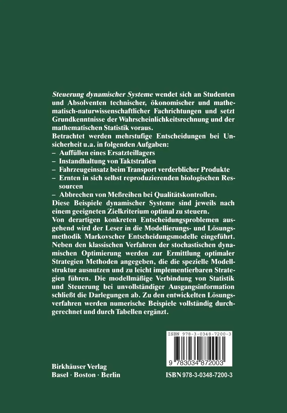 Rückseite: 9783034872003 | Steuerung Dynamischer Systeme | Girlich (u. a.) | Taschenbuch | 272 S.